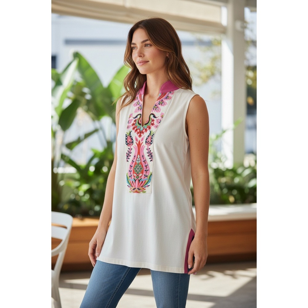 Spartina Embroidered Tunic Top Pink Collar Sleeveless White Women's Size S